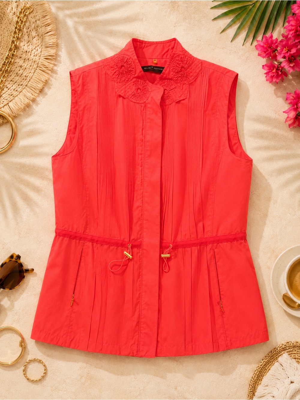 Elie Tahari Bright Red Coral Rosette Collar Utility Vest S/P NWOT